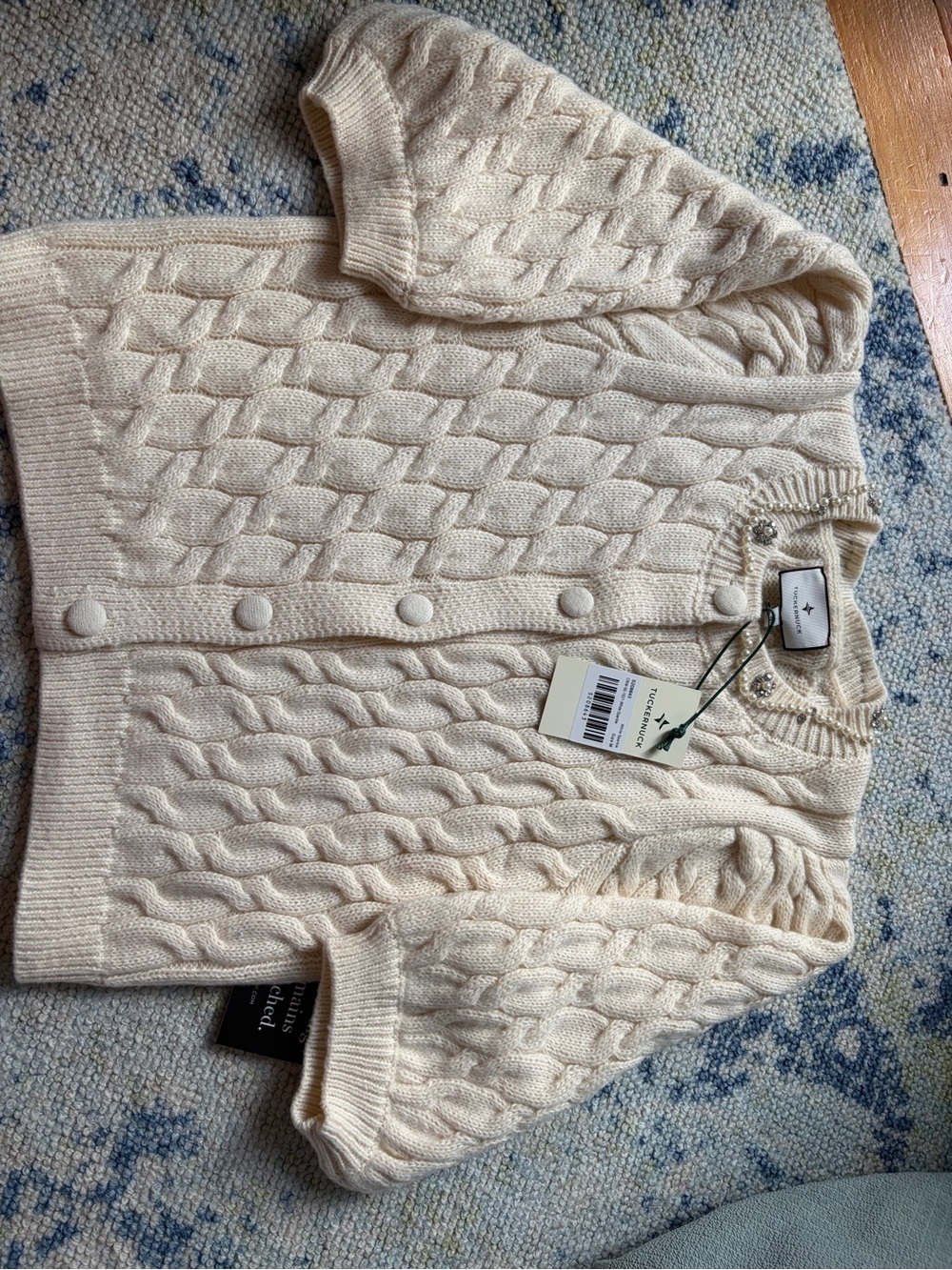 Tuckernuck Cream Cable-Knit Short-Sleeve Cardigan with Covered Buttons